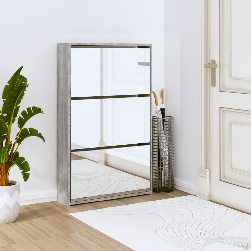 Levně vidaXL Botník se zrcadlem 3patrový šedá sonoma 63x17x102,5 cm