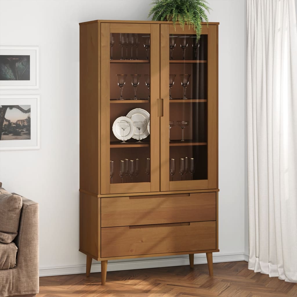 Levně vidaXL Vitrína MOLDE hnědá 90 x 35 x 175 cm masivní borové dřevo
