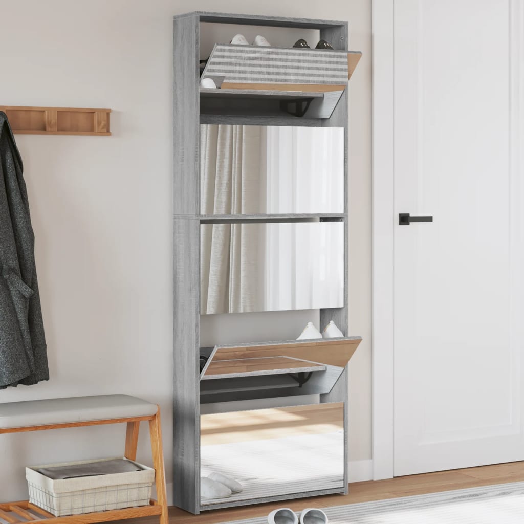 Levně vidaXL Botník se zrcadlem 5patrový šedý sonoma 63 x 17 x 169,5 cm