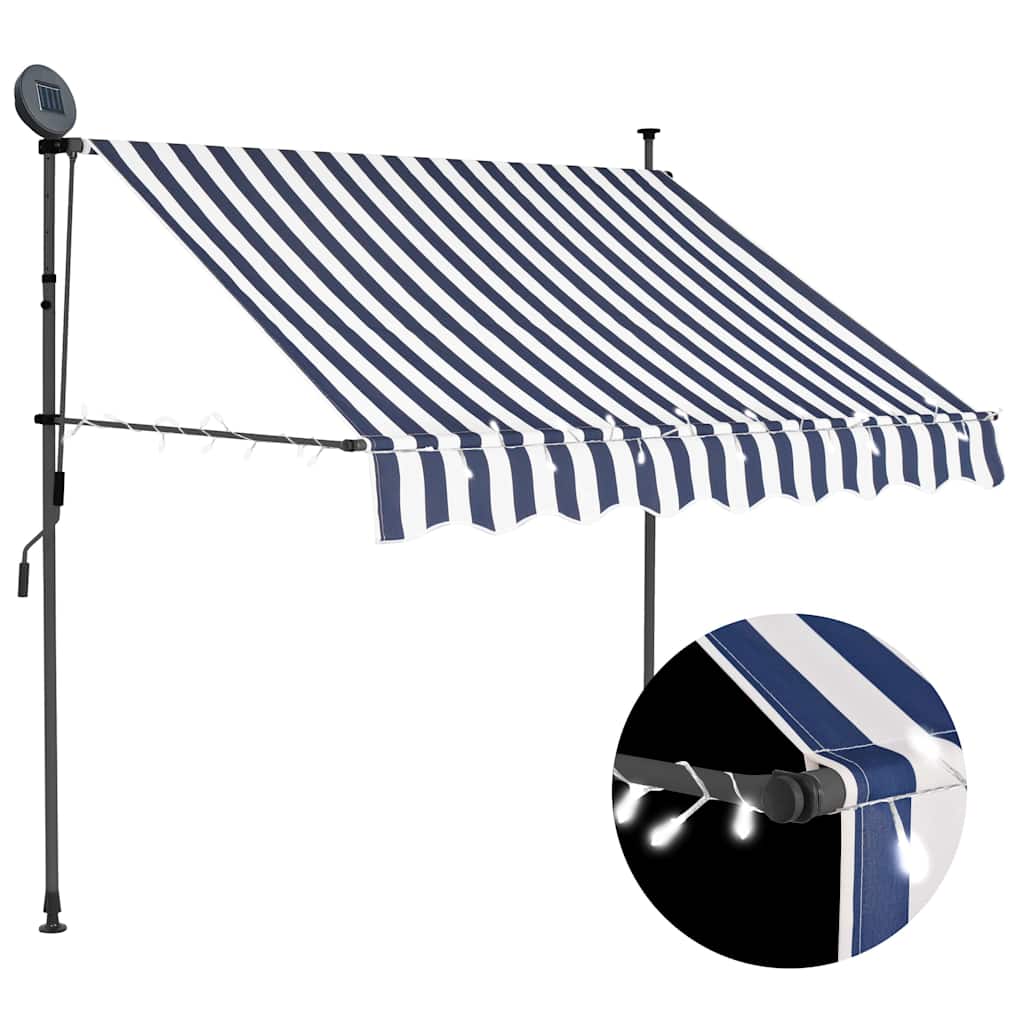 Levně vidaXL Ručně zatahovací markýza s LED světlem 150 cm modrobílá