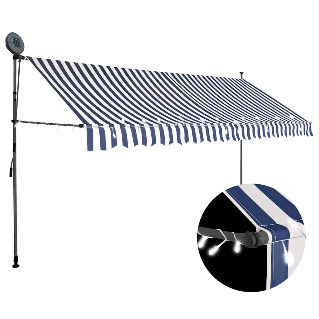 Levně vidaXL Ručně zatahovací markýza s LED světlem 350 cm modrobílá