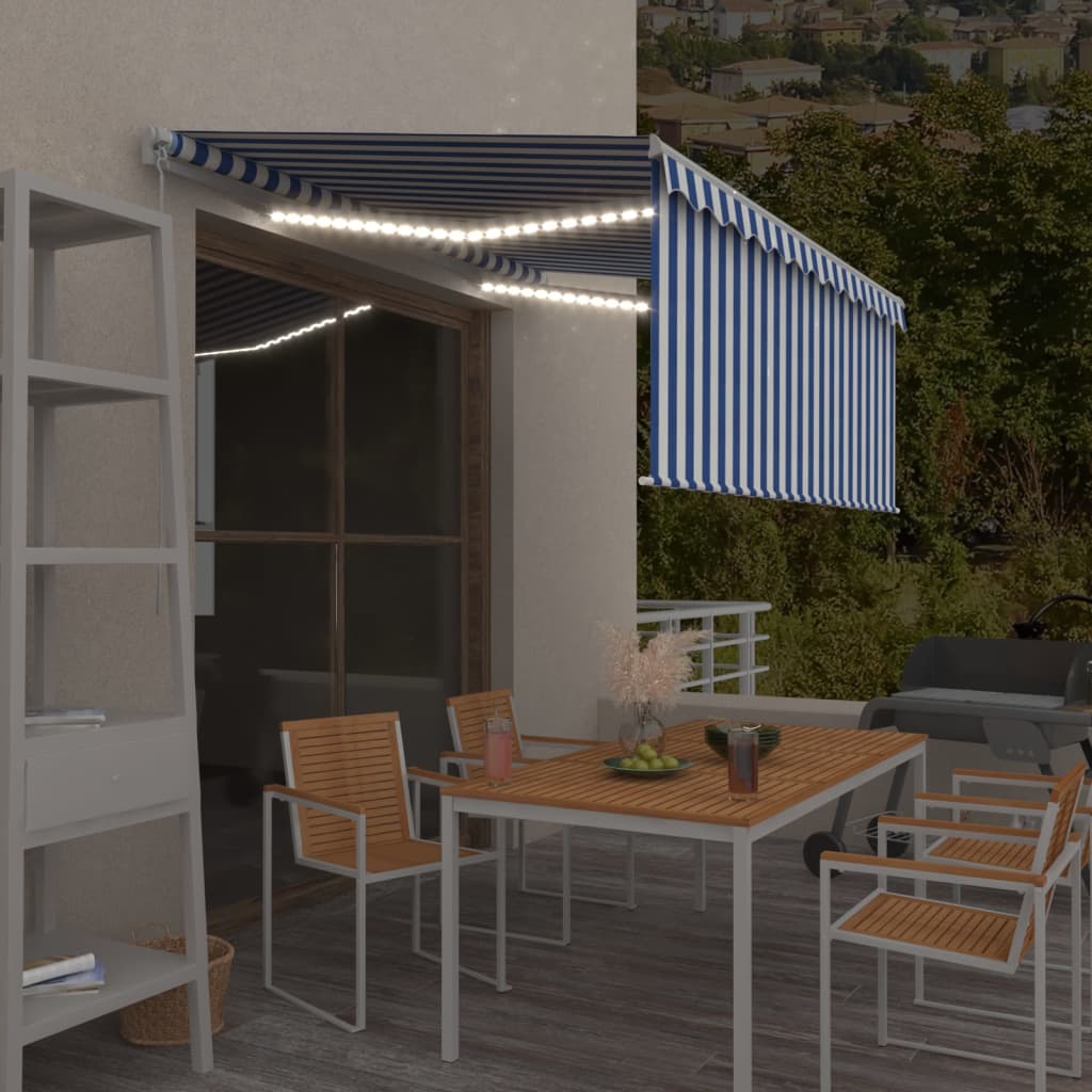 Levně vidaXL Ručně zatahovací markýza s roletou a LED 3,5 x 2,5 m modrobílá