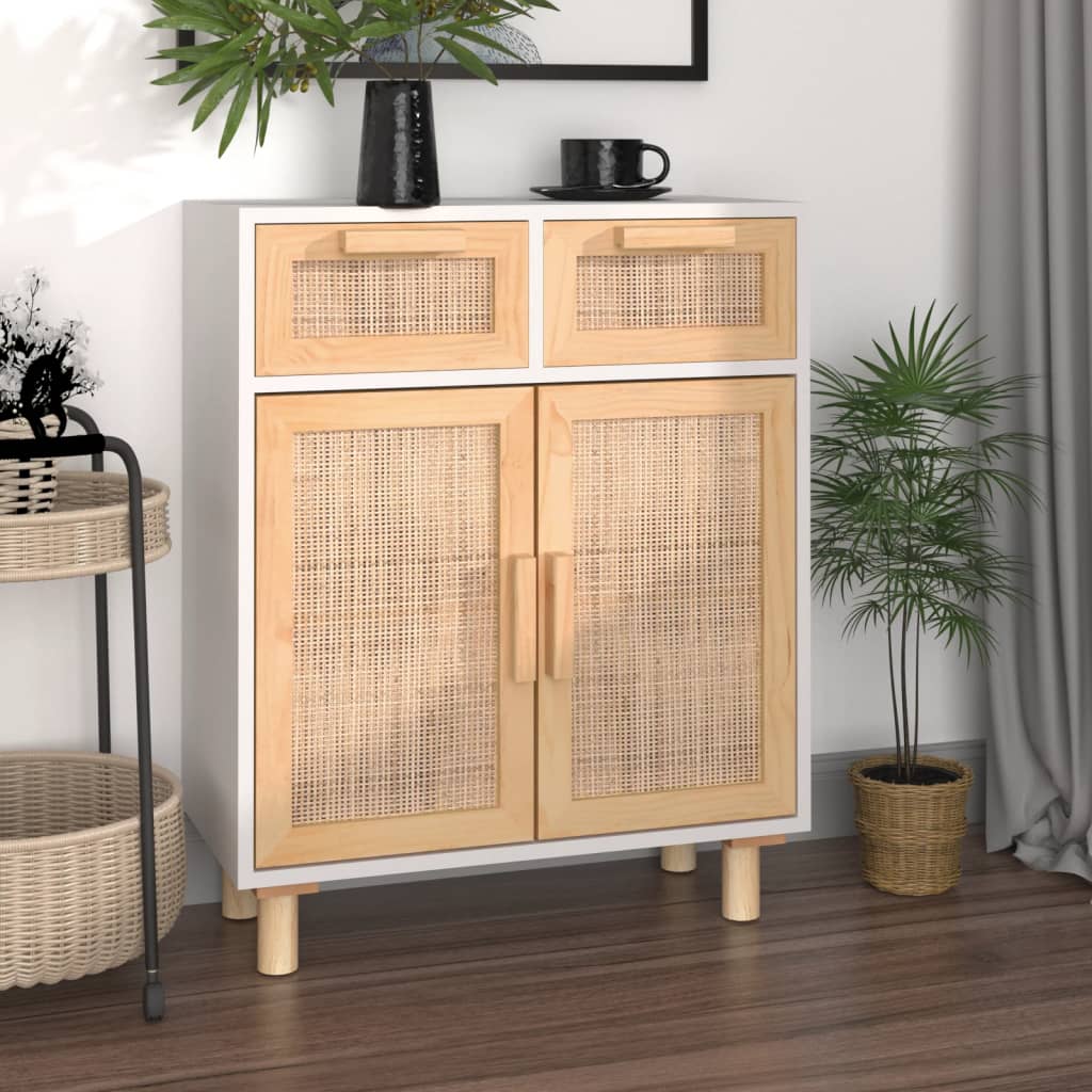 Levně vidaXL Příborník bílý 60x30x75 cm masivní borovice a přírodní ratan
