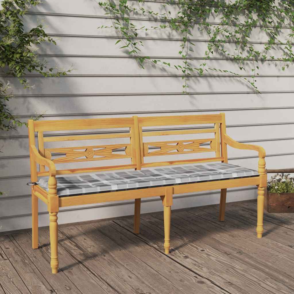 Levně vidaXL Lavice Batavia šedá kostkovaná poduška 150 cm masivní teak