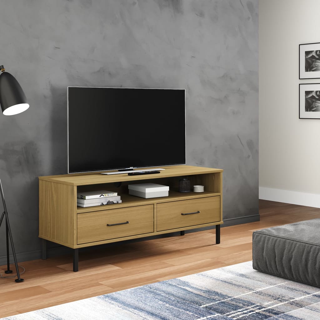 Levně vidaXL TV skříňka s kovovými nohami hnědá masivní borové dřevo OSLO