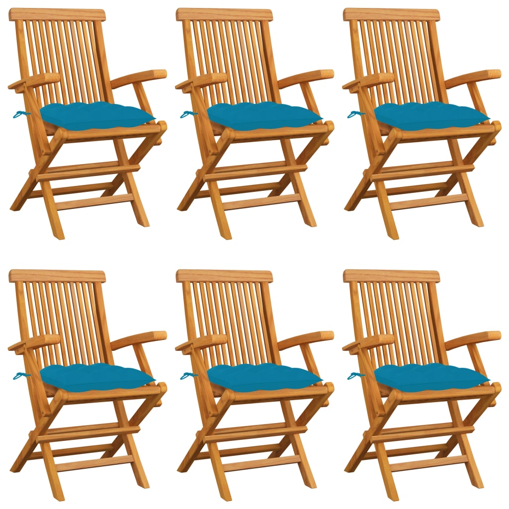 Levně vidaXL Zahradní židle se světle modrými poduškami 6 ks masivní teak