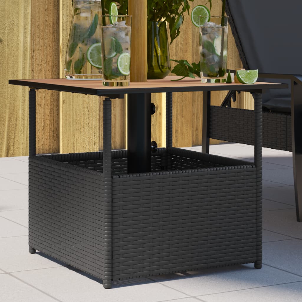 Levně vidaXL Zahradní stůl otvor na slunečník černý 55x55x46,5 cm polyratan