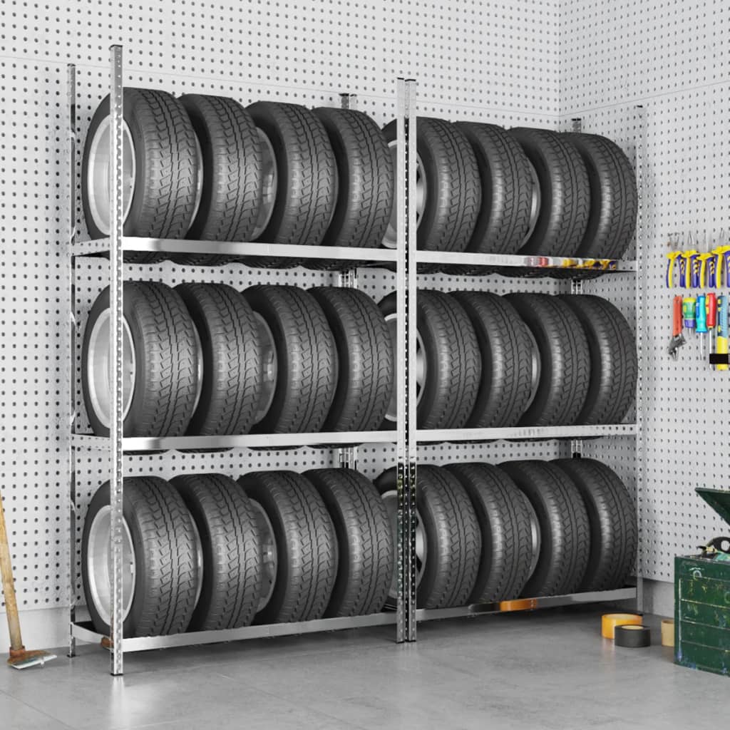 Levně vidaXL 3patrové regály na pneumatiky 2 ks stříbrné 110x40x200 cm ocel