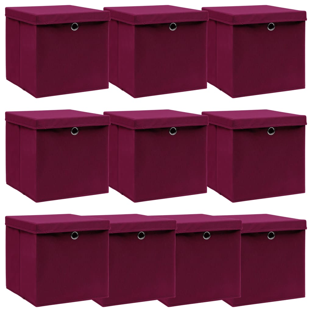 Levně vidaXL Úložné boxy s víky 10 ks tmavě červené 32 x 32 x 32 cm textil