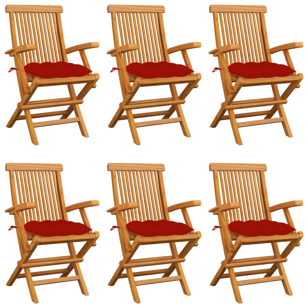 Levně vidaXL Zahradní židle s červenými poduškami 6 ks masivní teak