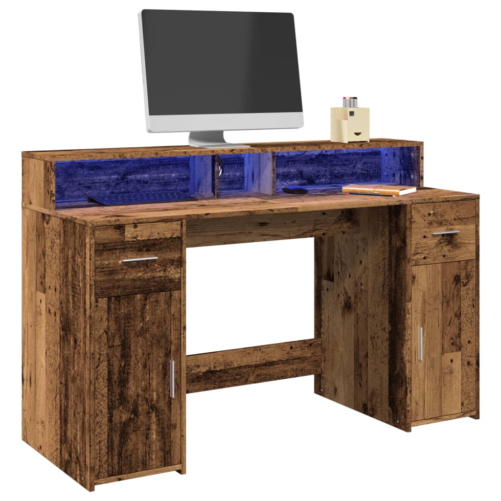 Levně vidaXL Psací stůl s LED světly old wood 140x55x91 cm kompozitní dřevo