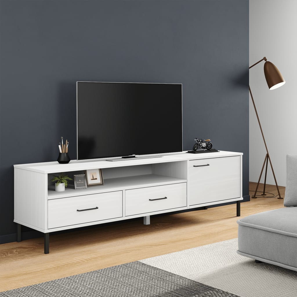 Levně vidaXL TV skříňka s kovovými nohami bílá masivní borové dřevo OSLO