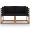 vidaXL Zahradní 2místná pohovka z palet s černými poduškami borovice