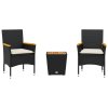vidaXL 3dílný bistro set s poduškami černý polyratan a sklo