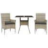 vidaXL 3dílný zahradní jídelní set podušky světle šedý polyratan sklo