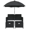 vidaXL Zahradní pohovka 2místná slunečník a taburety černá polyratan