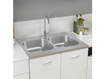 vidaXL Kuchynský drez, 2 vaničky, strieborný 800x600x155 mm, oceľ