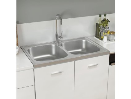 vidaXL Kuchynský drez, 2 vaničky, strieborný 800x500x155 mm, oceľ