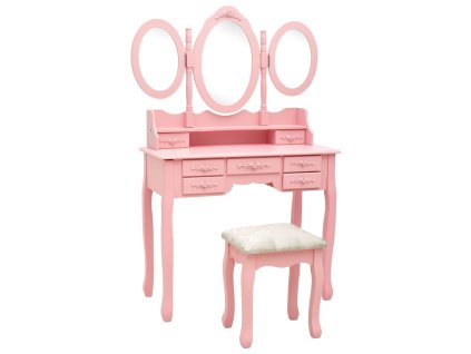vidaXL Toaletný stolík so stoličkou a 3-dielnym zrkadlom ružový