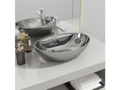 vidaXL Umývadlo s prepadom 58,5x39x21 cm keramické strieborné
