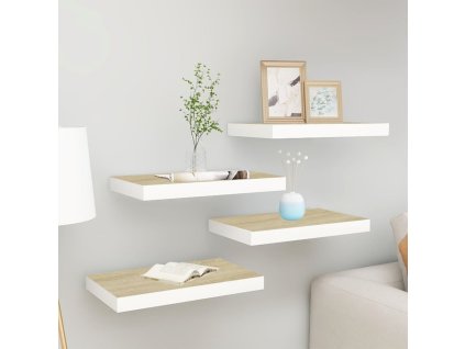 vidaXL Plávajúce nástenné police 4 ks dubové a biele 40x23x3,8 cm MDF