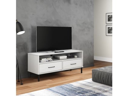 vidaXL TV skrinka s kovovými nohami biela masívna borovica OSLO