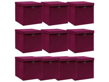 vidaXL Úložné boxy s vekom 10 ks, tmavočervené 32x32x32 cm, látka