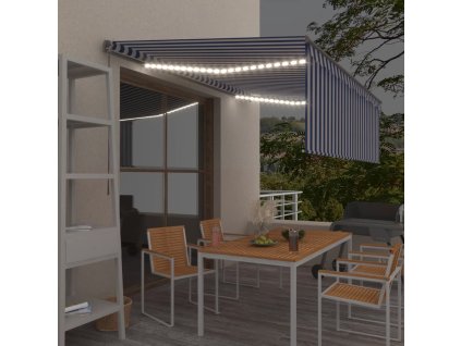 vidaXL Ručne zaťahovacia markíza s tienidlom a LED 4x3 m modro-biela