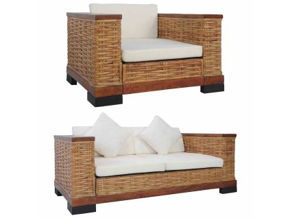 vidaXL 2-dielna sedacia súprava s vankúšmi hnedá prírodný ratan