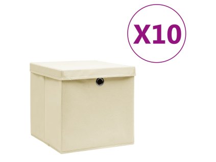 vidaXL Úložné boxy s vekom 10 ks, 28x28x28 cm, krémové