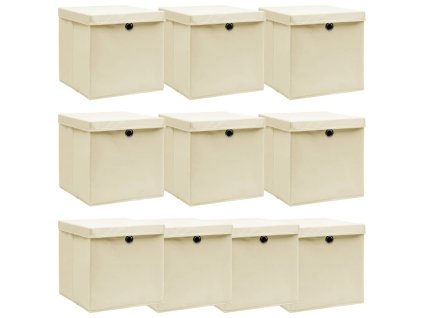 vidaXL Úložné boxy s vekom 10 ks, krémové 32x32x32 cm, látka