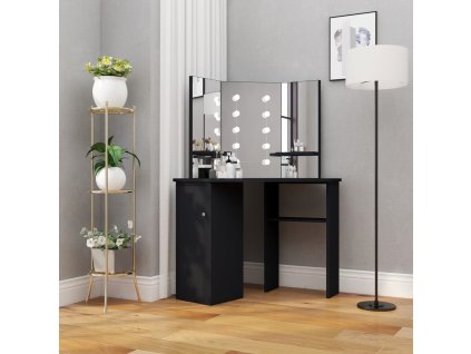 vidaXL Rohový toaletný stolík s LED čierny 111x54x141,5 cm