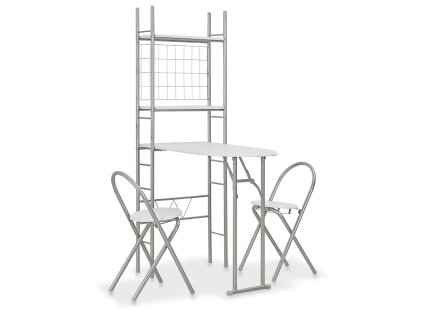 vidaXL 3-dielna skladacia jedálenská súprava s úložným regálom biela MDF a oceľ