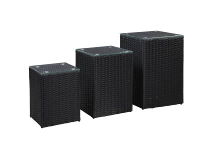 vidaXL Bočné stolíky so sklenenou doskou 3 ks čierne polyratanové