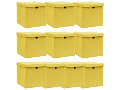 vidaXL Úložné boxy s vekom 10 ks, žlté 32x32x32 cm, látka