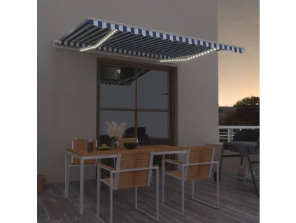 vidaXL Automatická markíza, LED a senzor vetra 450x350 cm, modrá/biela