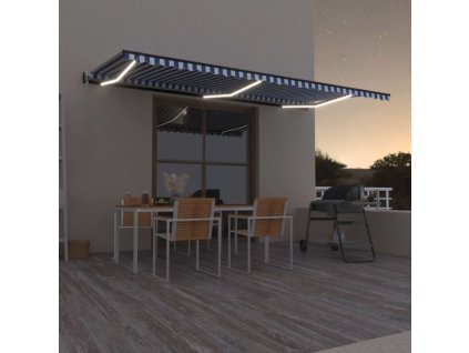vidaXL Automatická markíza, LED a senzor vetra 600x350 cm, modrá/biela