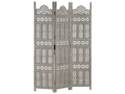 vidaXL Ručne vyrezávaný 3-panelový paraván sivý 120x165 cm mangovníkový masív