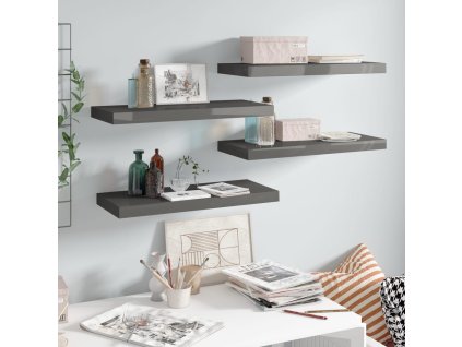 vidaXL Plávajúce nástenné police 4 ks, lesklé sivé 60x23,5x3,8 cm, MDF