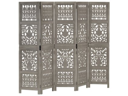 vidaXL Ručne vyrezávaný 5-panelový paraván sivý 200x165 cm mangovníkový masív