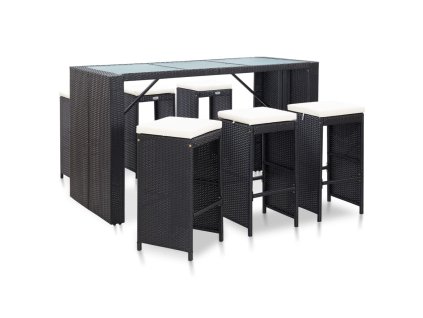 vidaXL 7-dielna záhradná barová súprava s vankúšmi čierna polyratanová