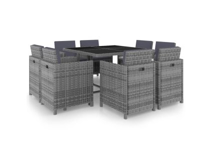 vidaXL 9-dielna vonkajšia jedálenská súprava+podložky, polyratan, sivá