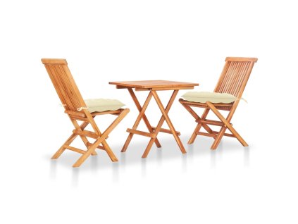 vidaXL 3-dielna bistro súprava, krémovo-biele podložky, tíkový masív