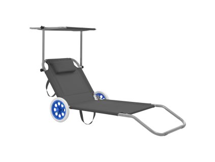 vidaXL Skladacie ležadlo so strieškou a kolieskami, oceľ, sivé