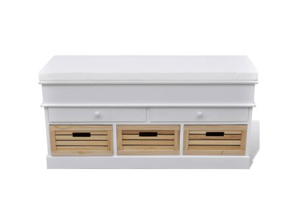 Biela skladovacia lavica s vankúšom 2 zásuvky 3 krabice