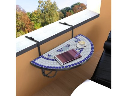 vidaXL Závesný stolík na balkón, modro biely, mozaikový