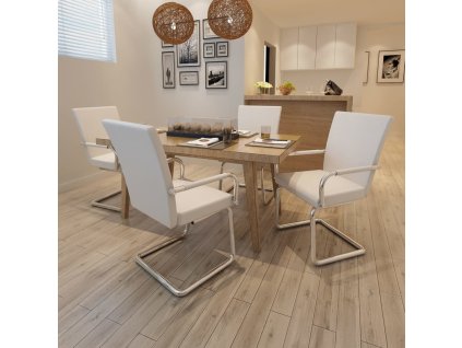 vidaXL Jedálenské stoličky, perová kostra 4 ks, biele, umelá koža