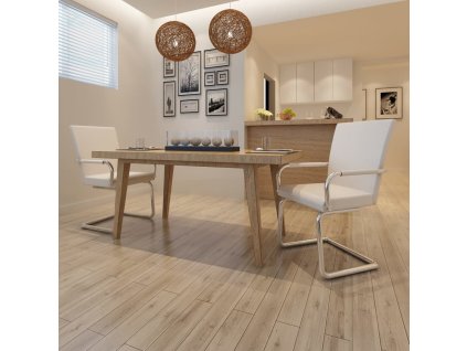 vidaXL Jedálenské stoličky, perová kostra 2 ks, biele, umelá koža