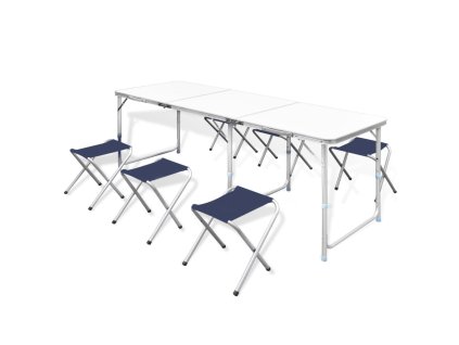 Skladací kempingový set, stôl+6 stoličiek, nastaviteľná výška 180x60cm