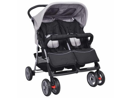 Oceľový kočík pre dvojičky vidaXL, čierny a šedý